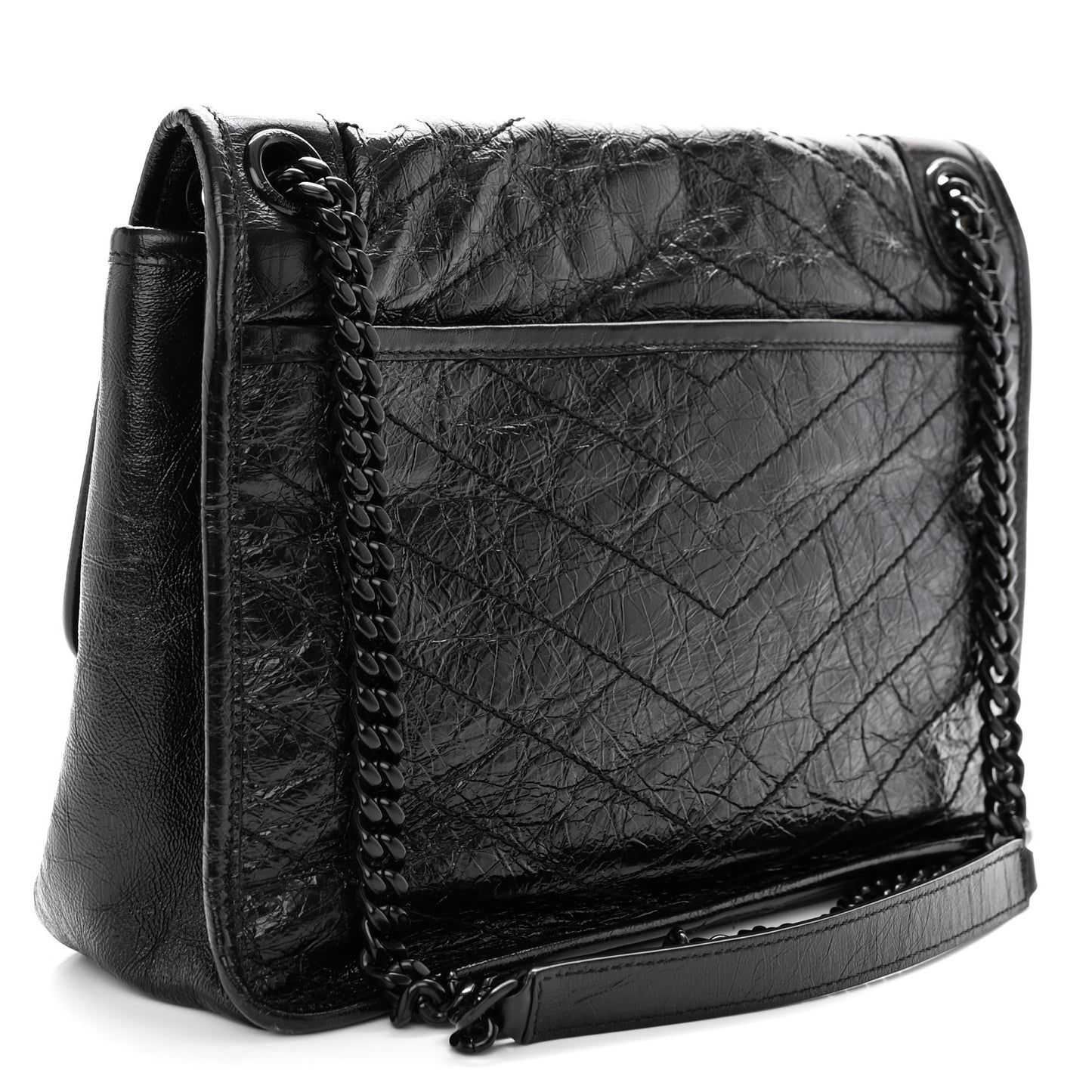 Crinkled Calfskin Matelasse Monogram Medium Niki Chain Satchel Black