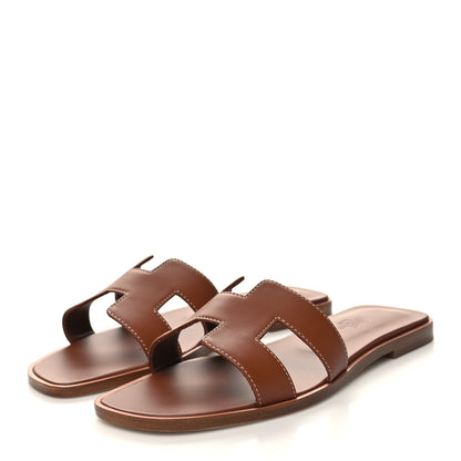 Hermes Box Calfskin Oran Sandals 37.5 Gold 3 of 8