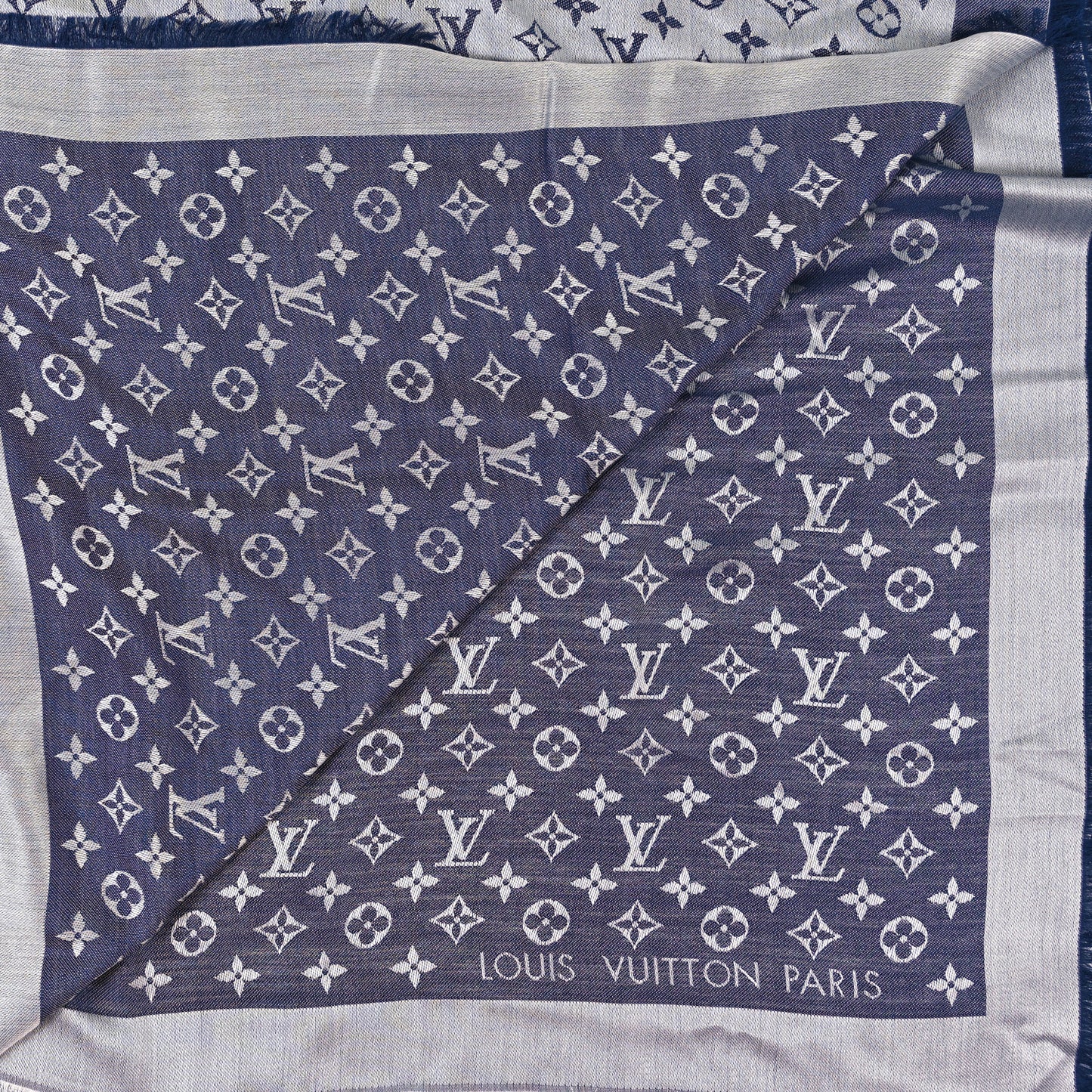 Silk Wool Monogram Denim Shawl Blue