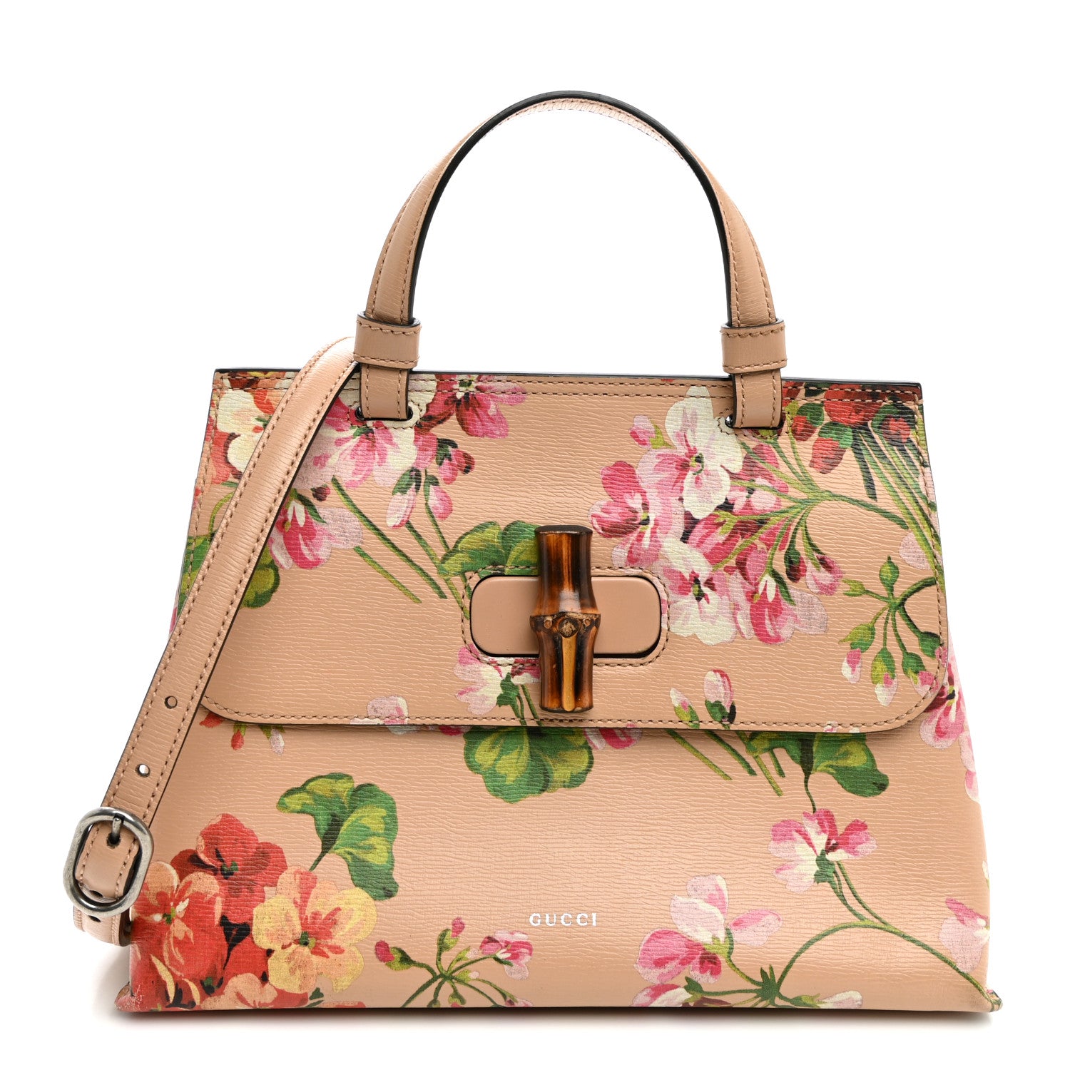 Gucci Shangai Calfskin Blooms Print Small Bamboo Daily Top Handle Bag Pink Apricot Multicolor 1 of 10
