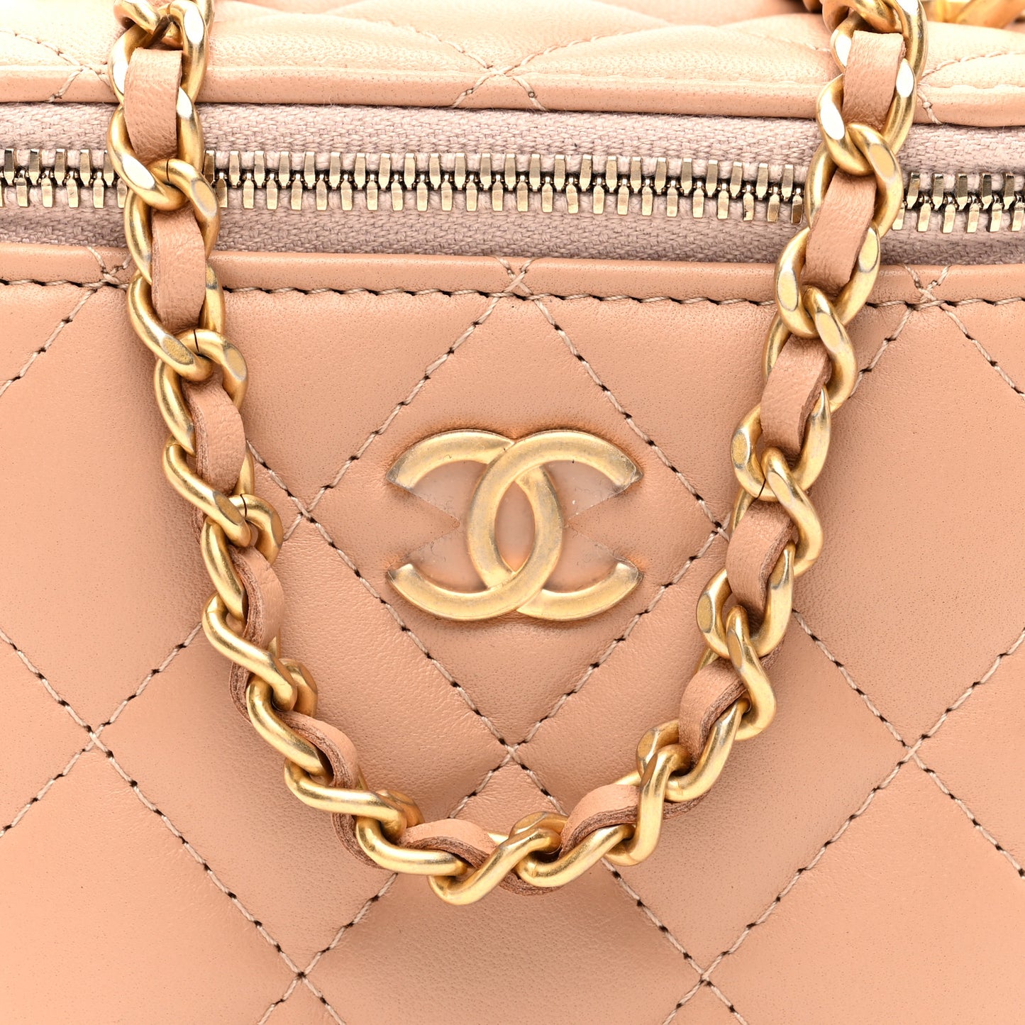 Lambskin Quilted Top Handle Mini Vanity Case With Chain Beige