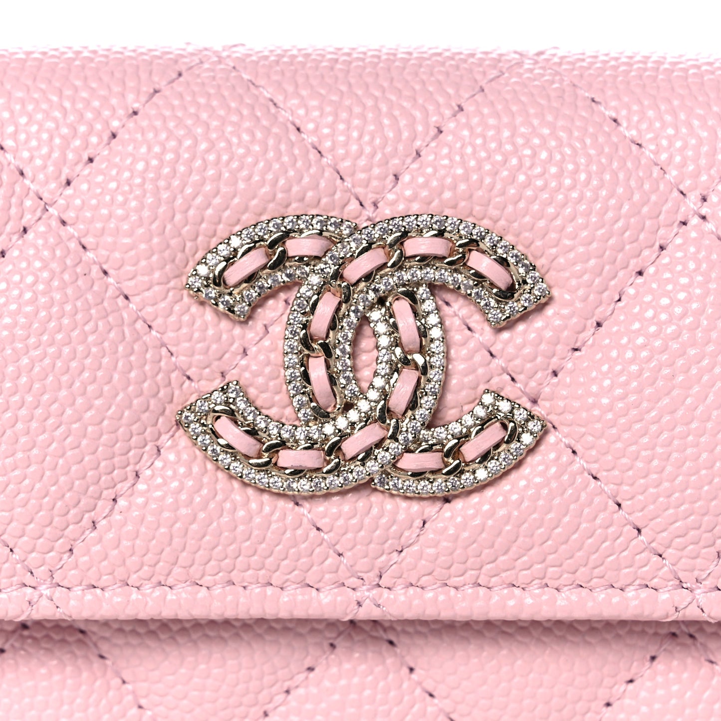 Caviar Quilted Crystal CC Flap Card Holder Pink