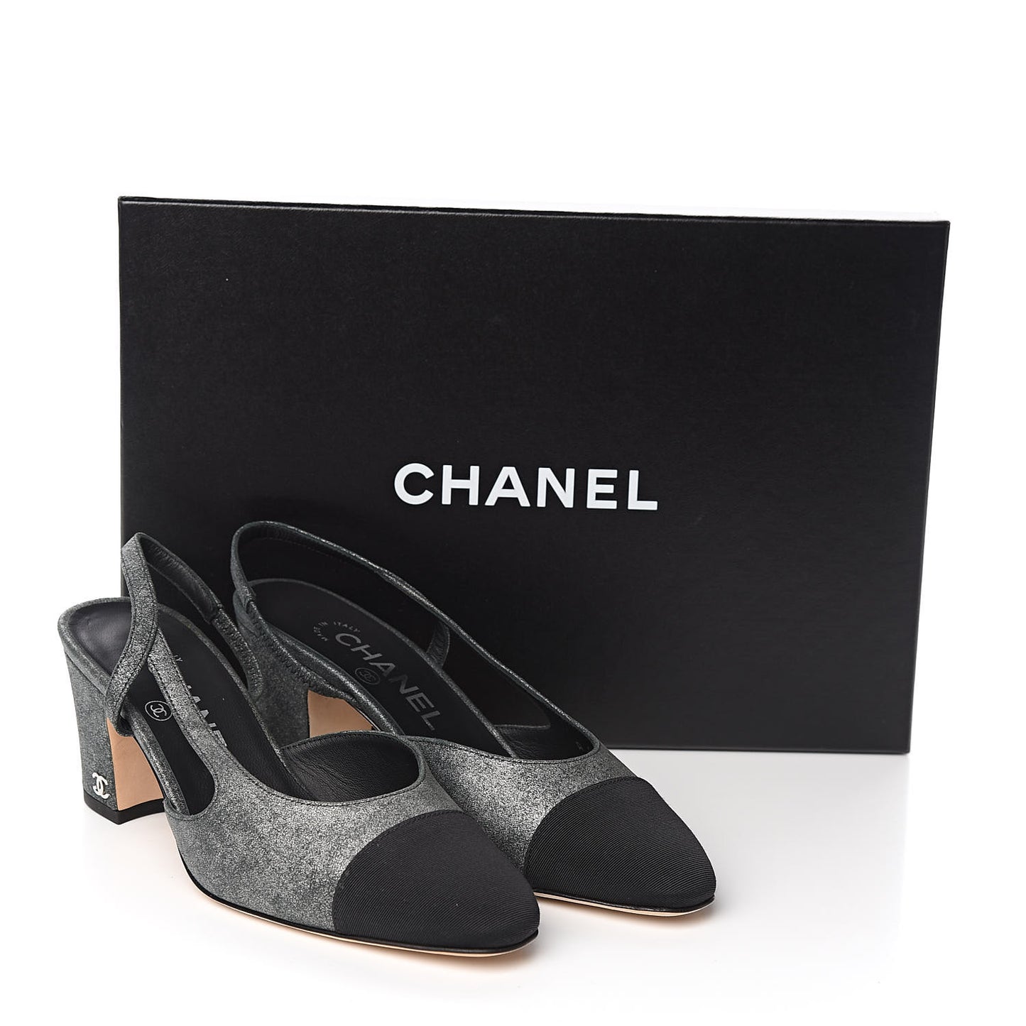 Lambskin Grosgrain Cap Toe CC Slingback Sandals 35 Black Silver