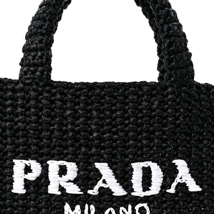 Prada Yarn Raffia Effect Crochet Small Logo Tote Black 7 of 9