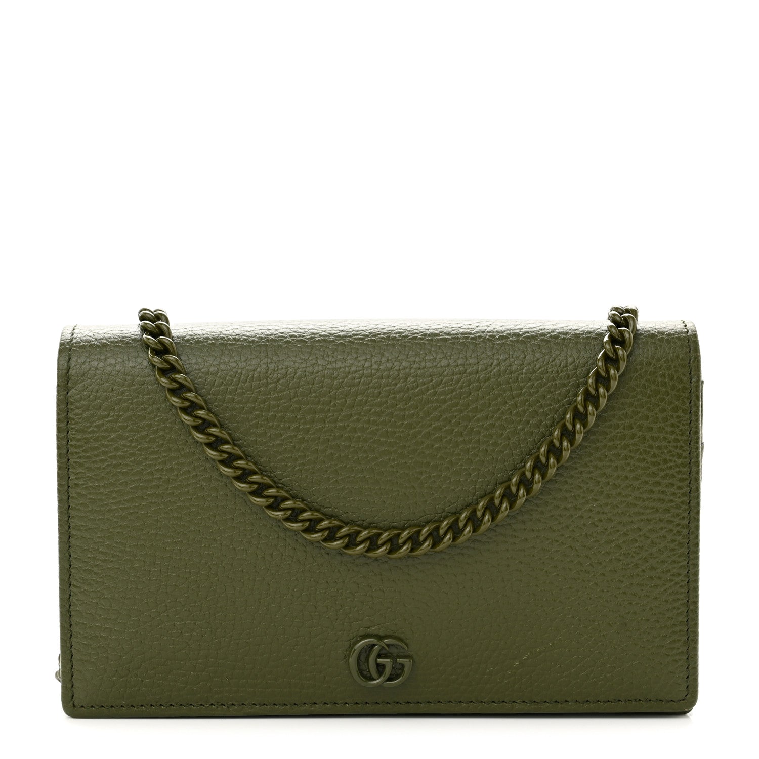 Gucci Dollar Calfskin Enamel Monochrome Mini GG Marmont Chain Wallet Military Wood 1 of 11