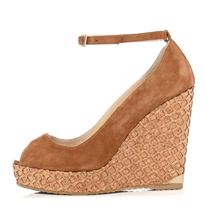 Jimmy Choo Suede Pacific 120mm Peep-Toe Cork Wedge Sandal 40 Canyon 1 of 11