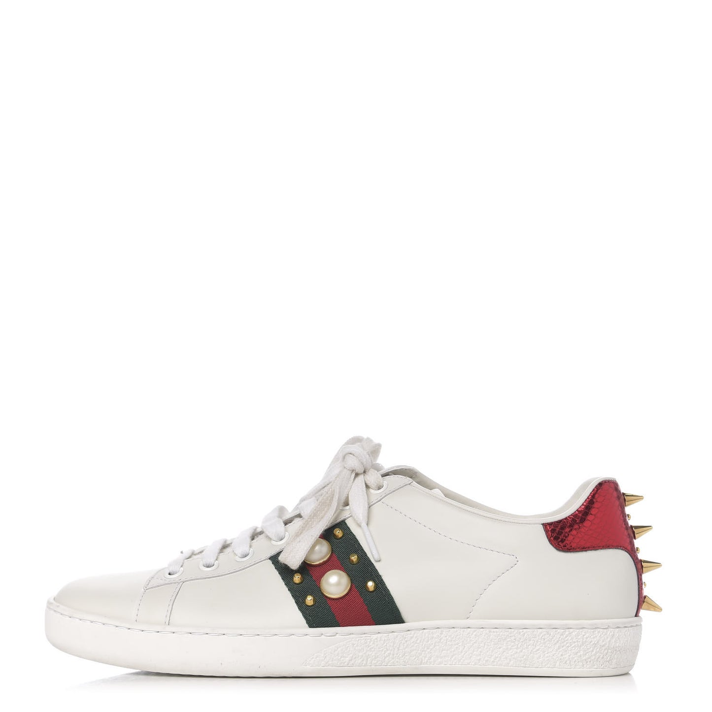 Calfskin Web Pearl Studded Womens Ace Sneakers 39.5 White