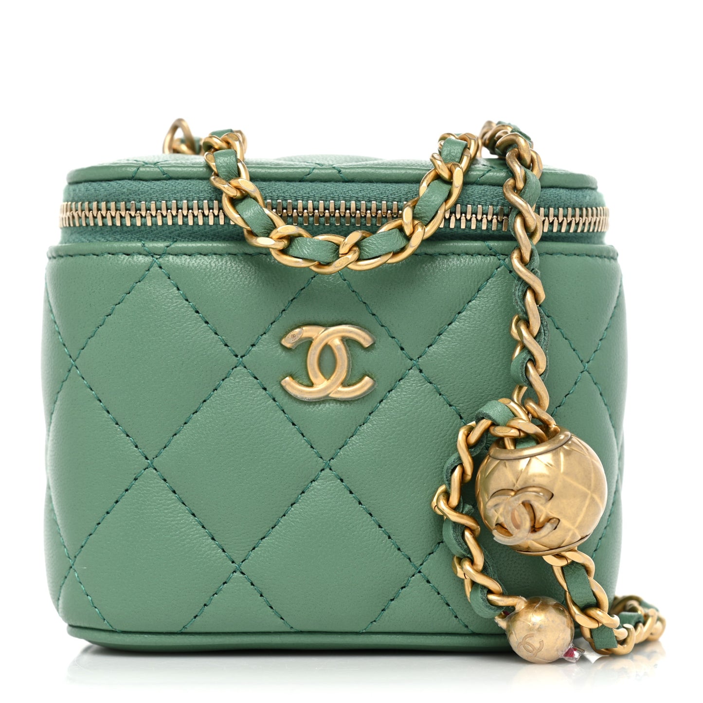 Lambskin Quilted Pearl Crush Mini Vanity Case With Chain Dark Green