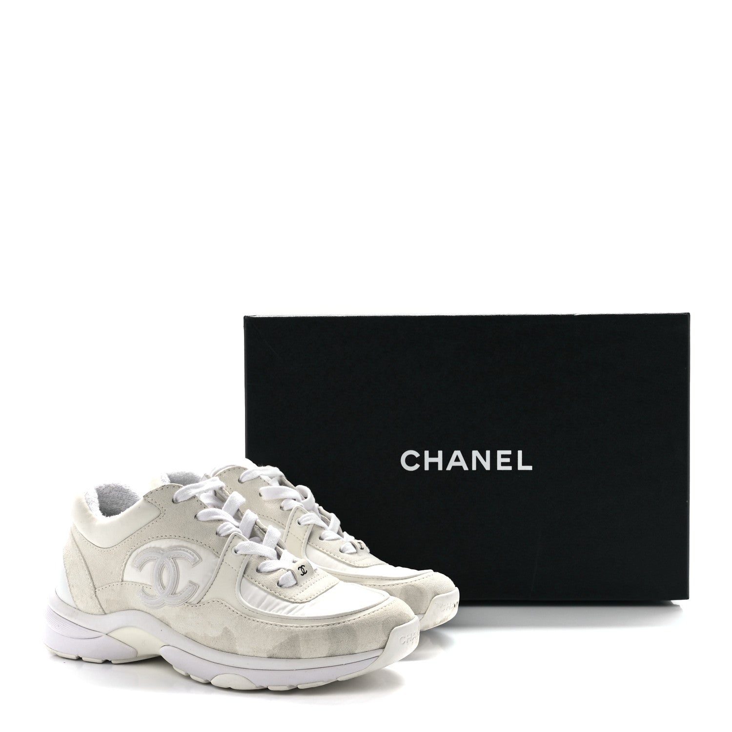 Chanel Suede Calfskin Fabric CC Sneakers 38 White 9 of 9