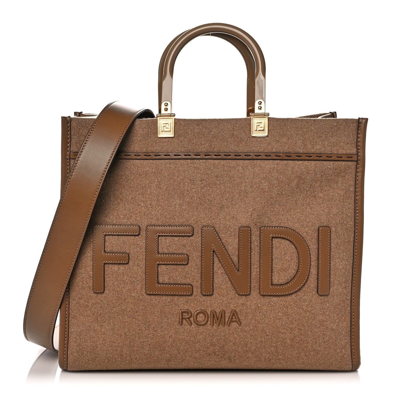 Fendi Flannel Vitello King Wool Plexiglass FF Logo Embroidered Medium Fendi Sunshine Shopper Tote Brown 1 of 12