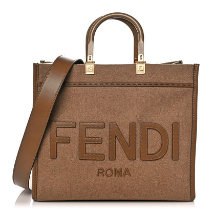 Fendi Flannel Vitello King Wool Plexiglass FF Logo Embroidered Medium Fendi Sunshine Shopper Tote Brown 1 of 12
