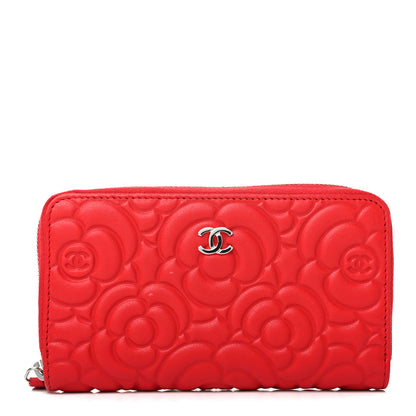 Chanel Goatskin Camellia Embossed Medium Zip Around Wallet Red 1 of 9