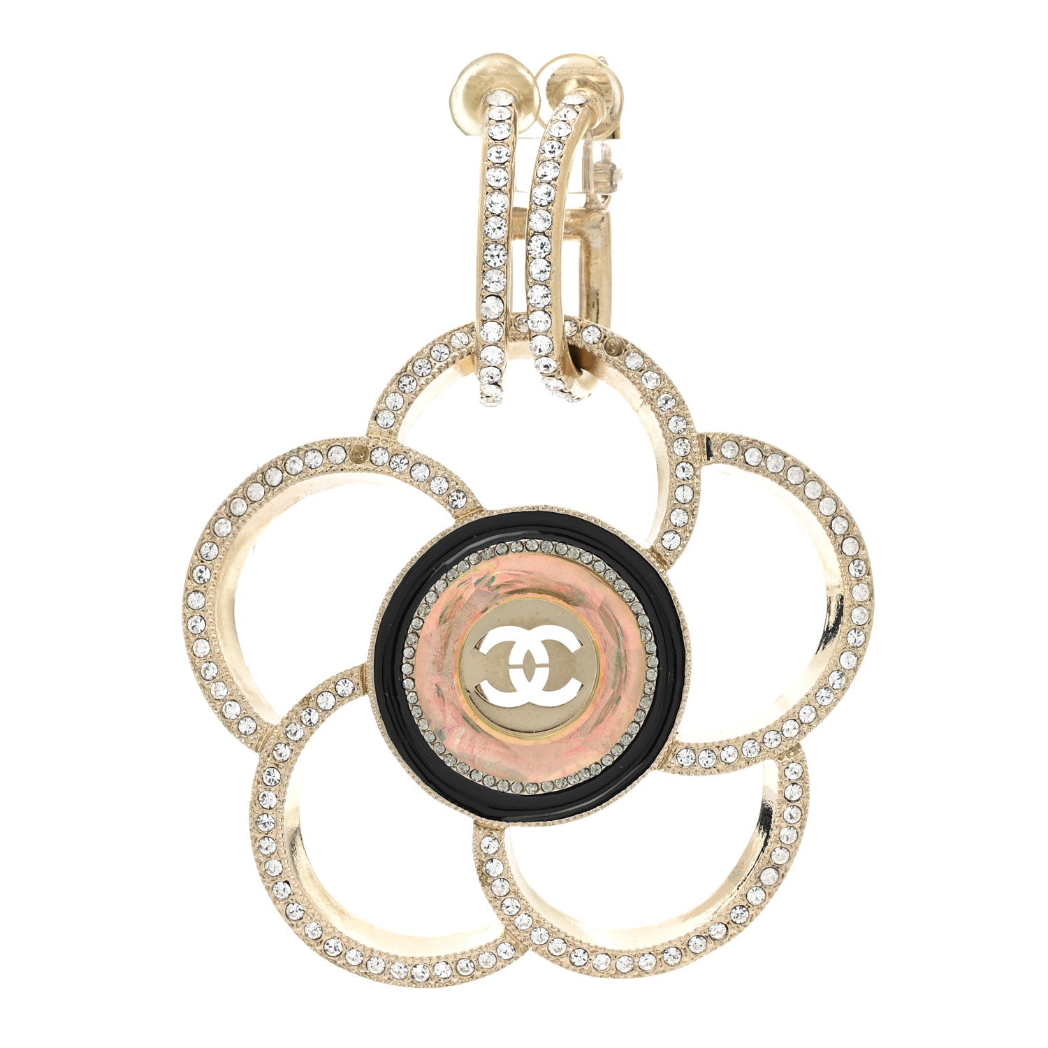 Chanel Resin Crystal CC Camellia Drop Single Clip On Earring Gold Black 1 of 8