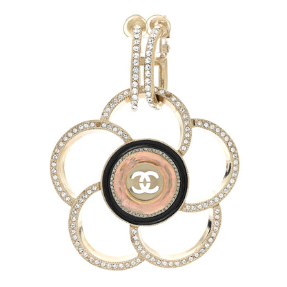 Chanel Resin Crystal CC Camellia Drop Single Clip On Earring Gold Black 1 of 8