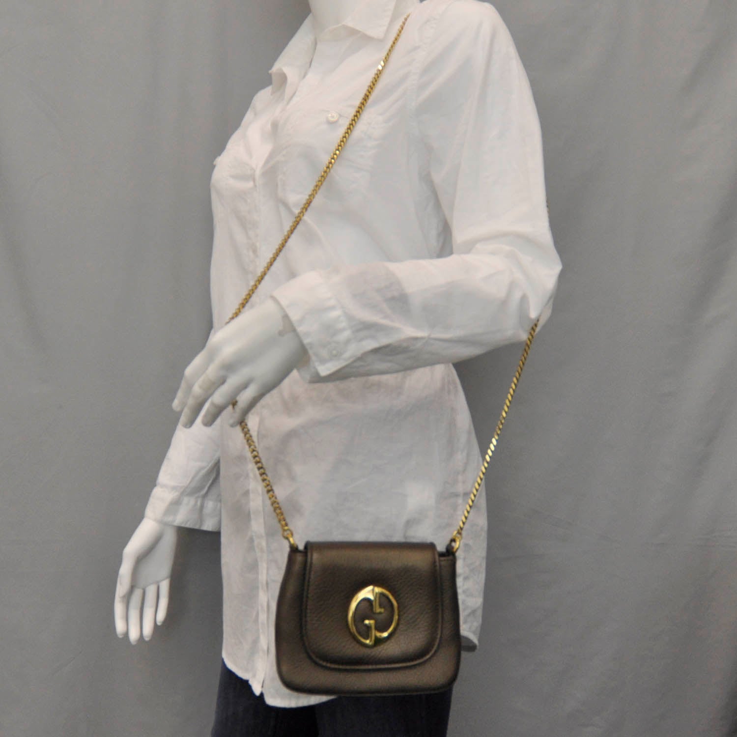 Gucci Metallic Pebbled Calfskin Small 1973 Chain Shoulder Bag Winter Leaf 2 of 7