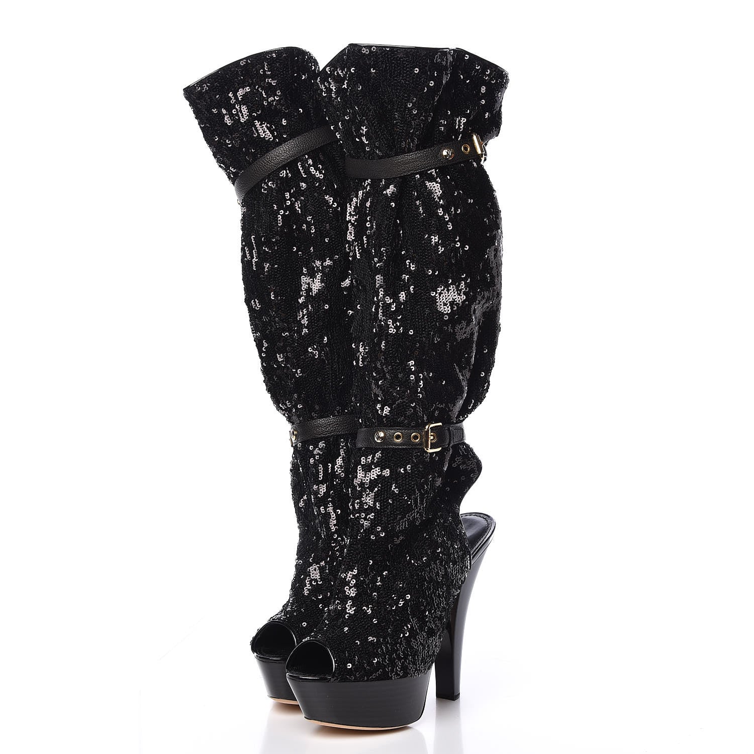 Louis Vuitton Sequin Peep Toe Tall Boots 38.5 Black 3 of 9