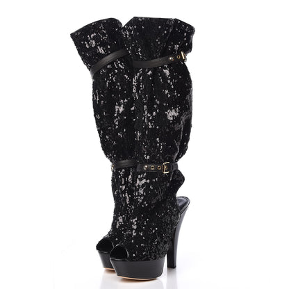 Louis Vuitton Sequin Peep Toe Tall Boots 38.5 Black 3 of 9