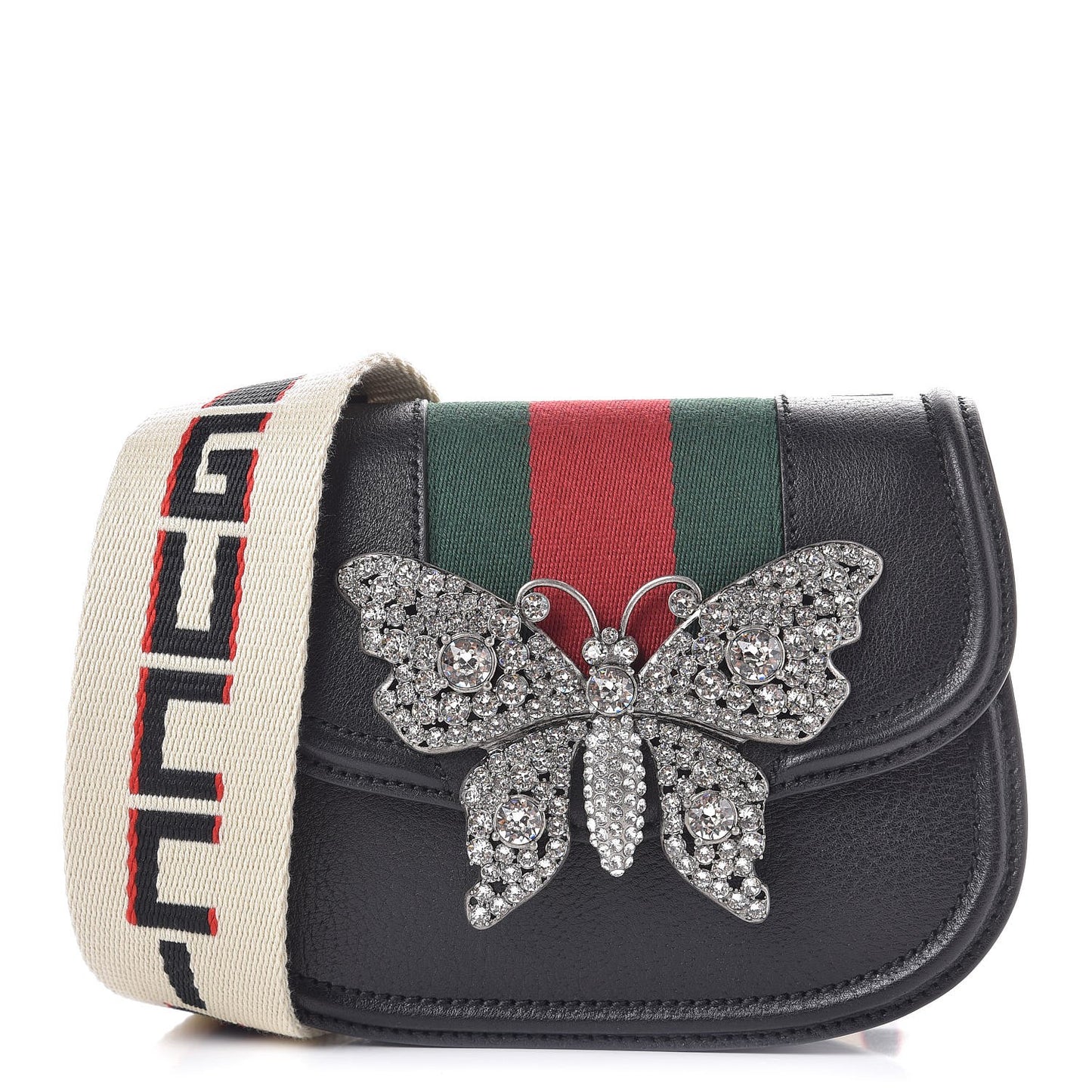 Calfskin Web Crystal Butterfly Stripe Small Totem Shoulder Bag Black