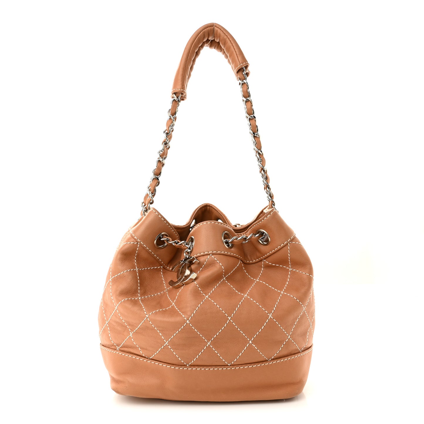 Lambskin Contrast Stitch Small Drawstring Tote Dark Beige