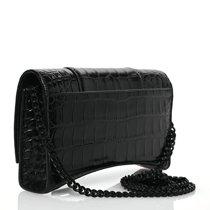 Balenciaga Shiny Calfskin Monochrome Crocodile Embossed Hourglass Chain Bag Black 4 of 15