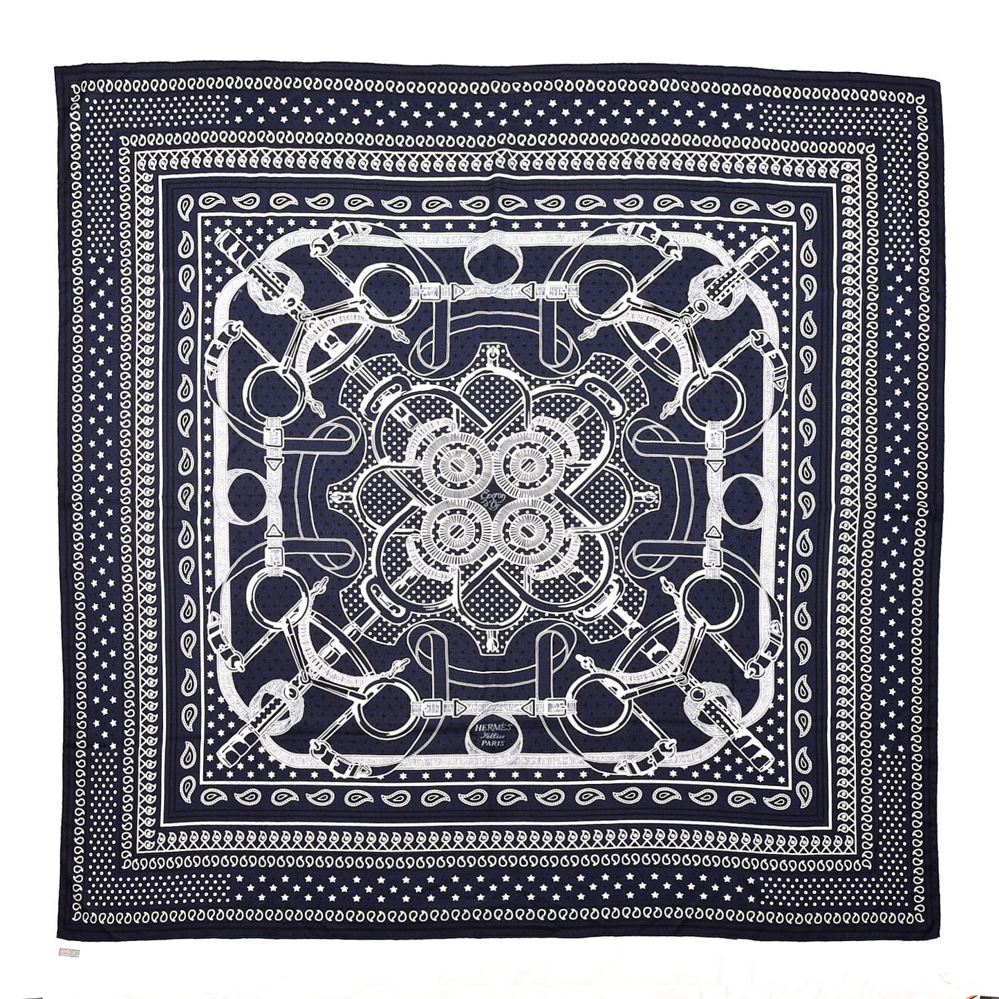 Cashmere Silk Eperon D'Or Shawl 140 Marine Blanc Noir