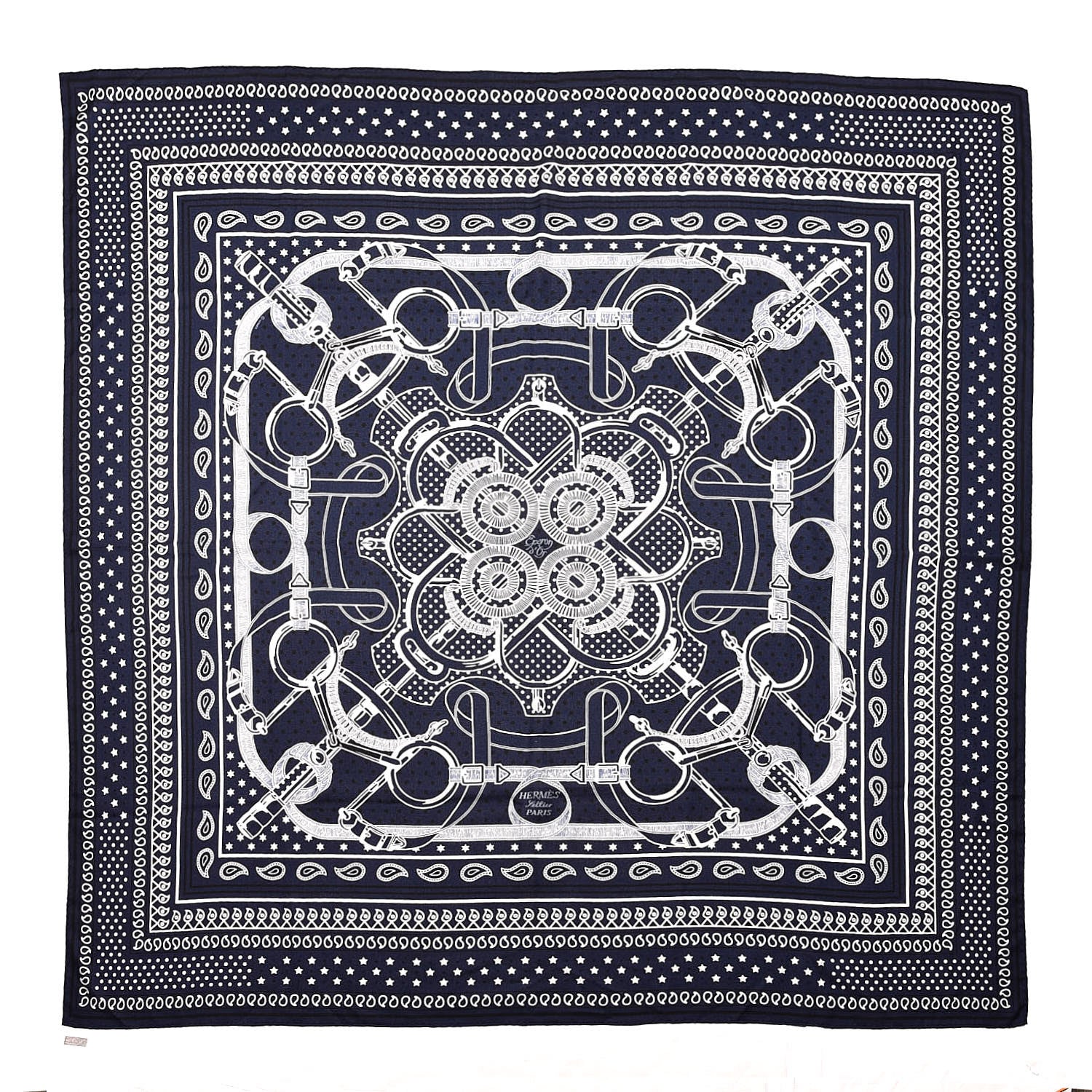 Hermes Cashmere Silk Eperon D'Or Shawl 140 Marine Blanc Noir 1 of 5