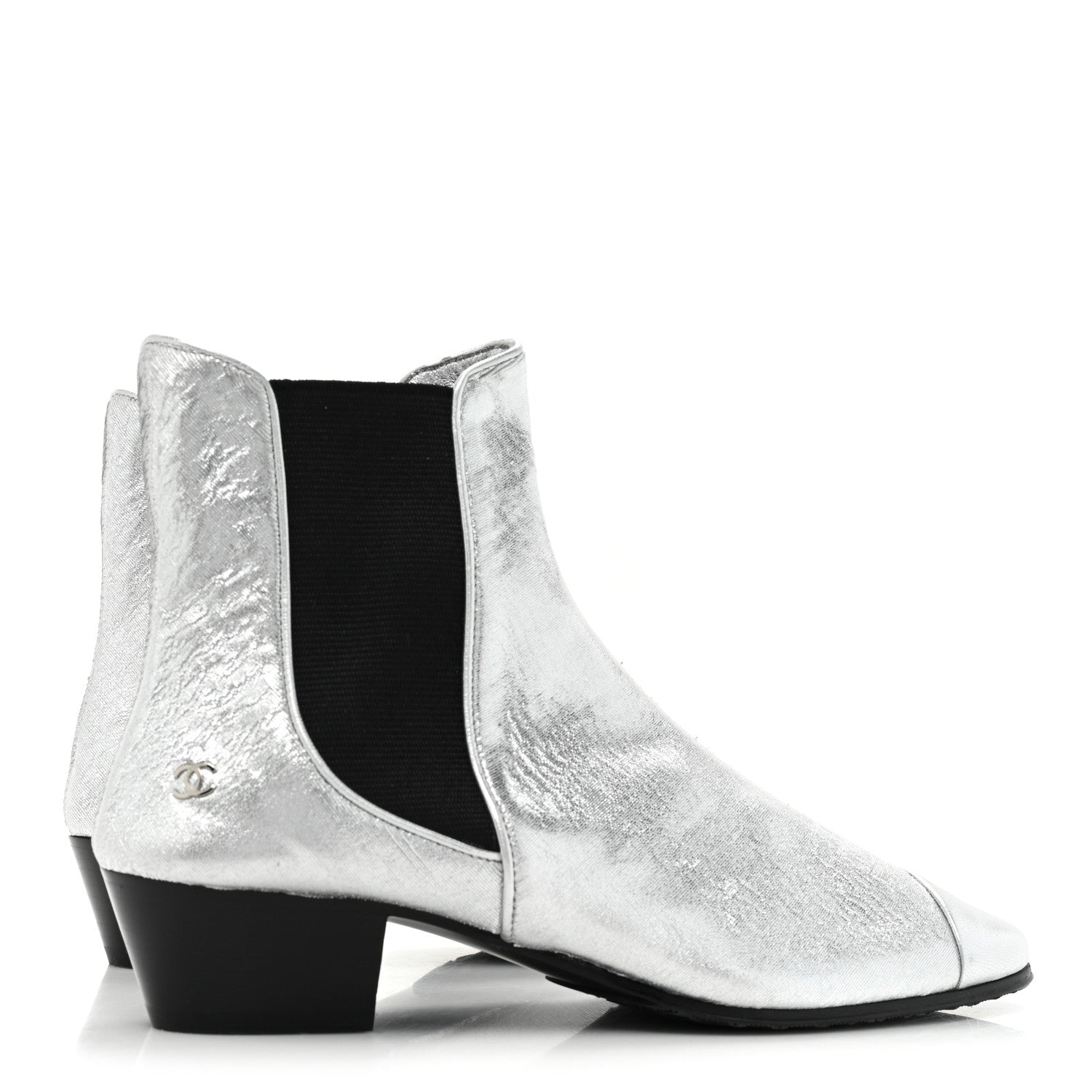 Chanel Fantasy Laminated Lambskin Cap Toe Ankle Boots 37 Silver 4 of 10