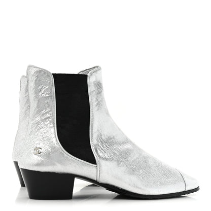 Chanel Fantasy Laminated Lambskin Cap Toe Ankle Boots 37 Silver 4 of 10