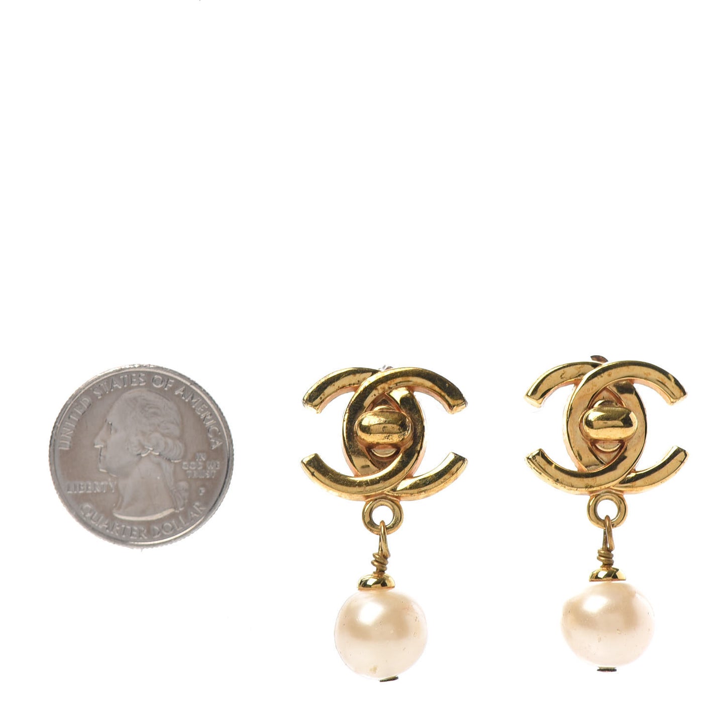 Pearl CC Turnlock Drop Clip On Earrings Gold
