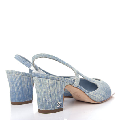 Chanel Denim Lambskin Cap Toe CC Slingback Pumps 35 Light Blue White 4 of 11