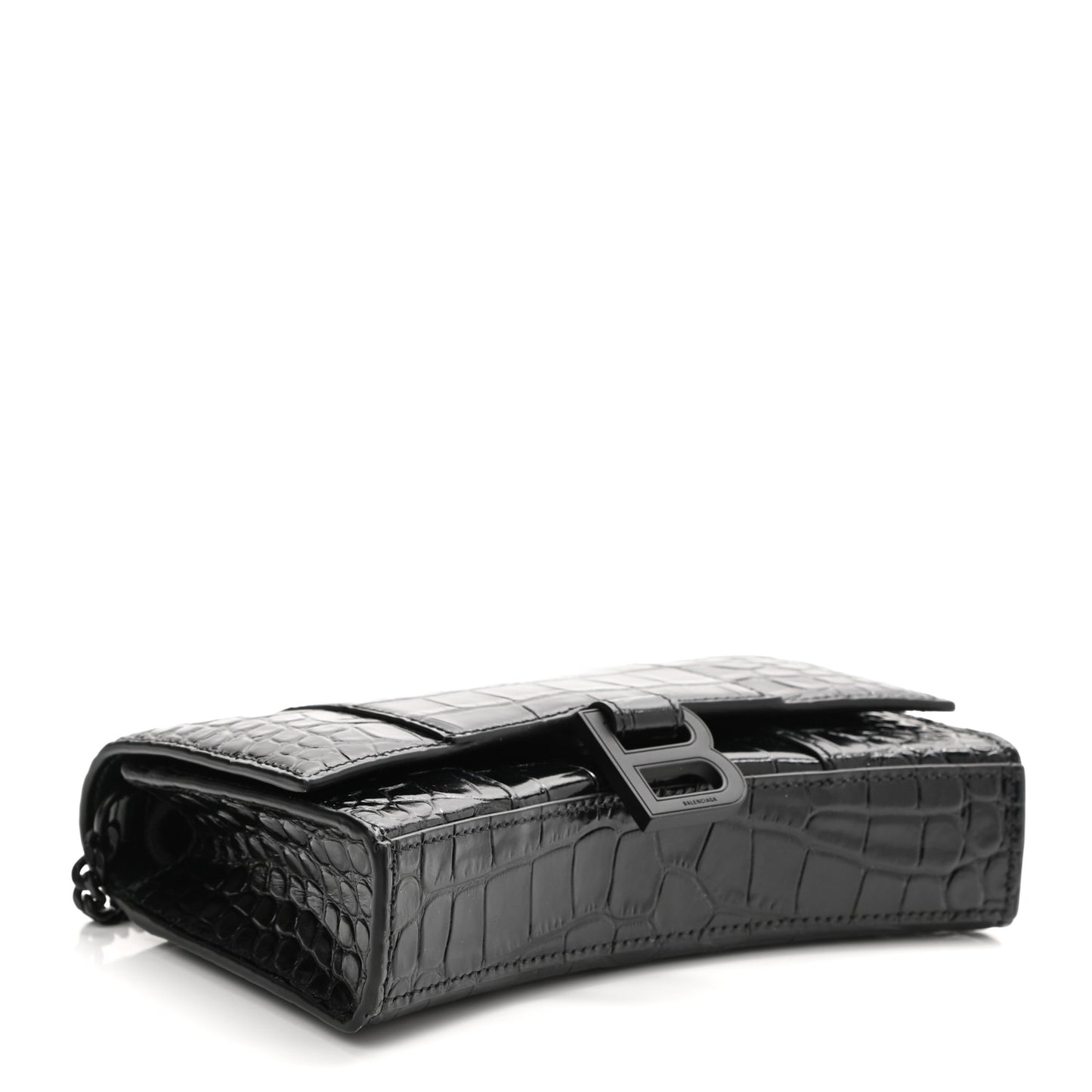 Shiny Calfskin Monochrome Crocodile Embossed Hourglass Chain Bag Black