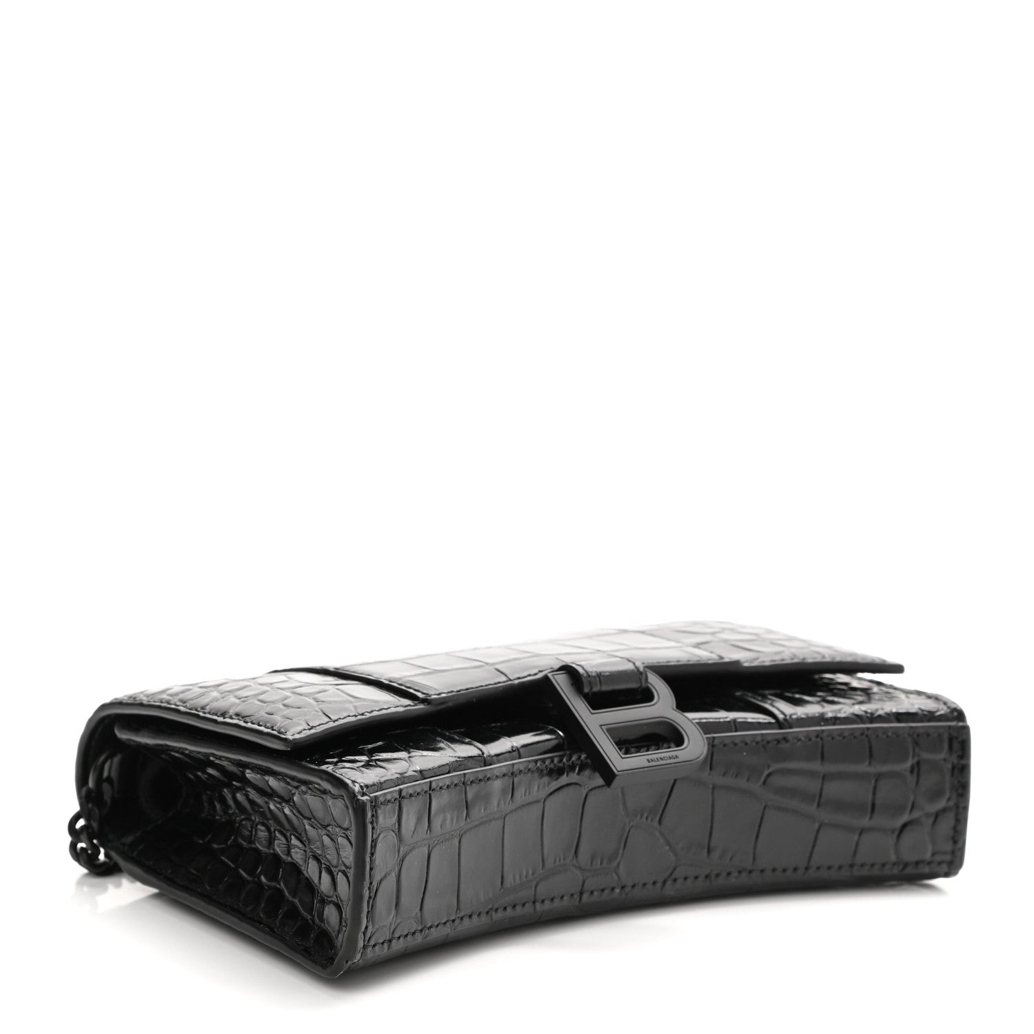 Balenciaga Shiny Calfskin Monochrome Crocodile Embossed Hourglass Chain Bag Black 3 of 8