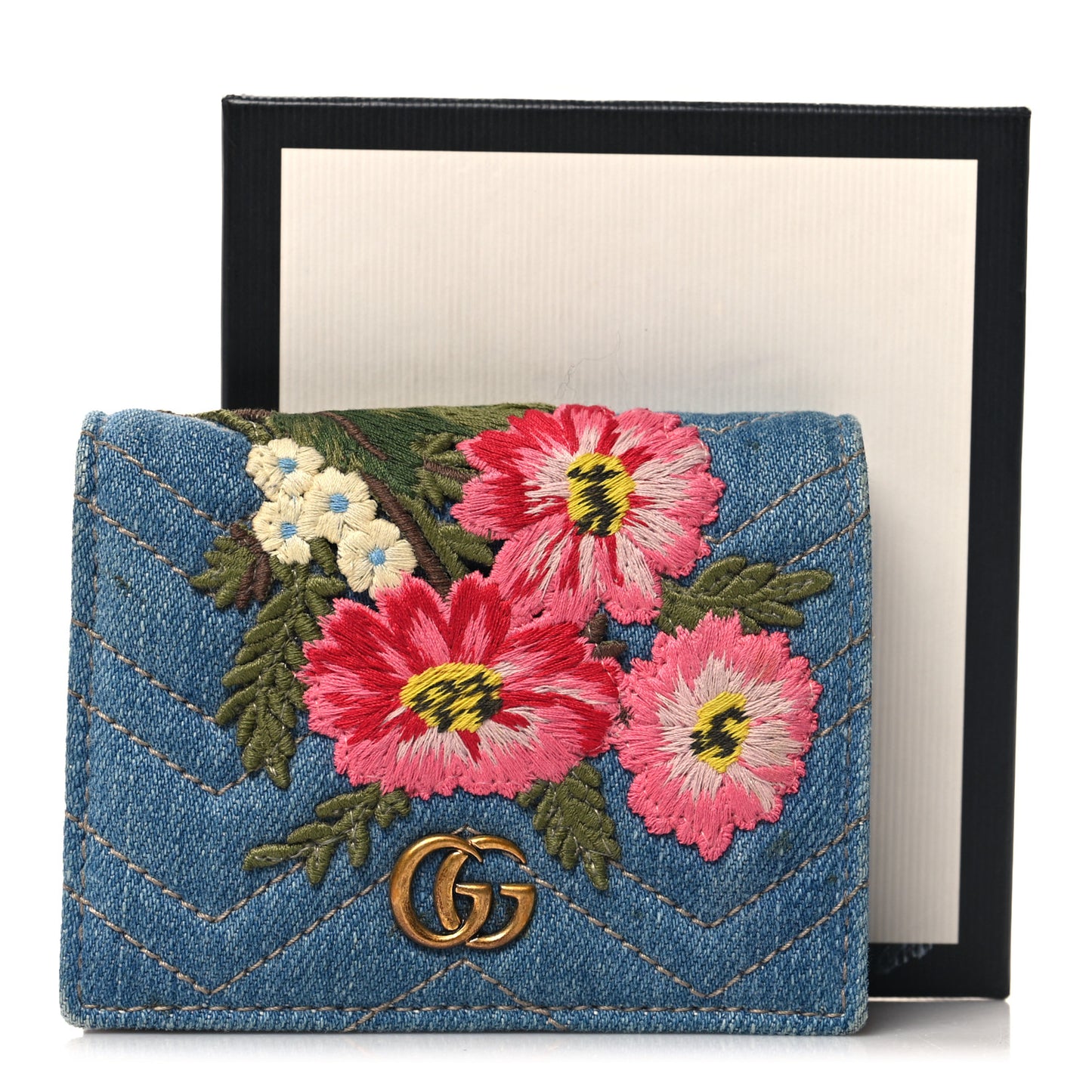 Denim Matelasse Floral Embroidered GG Marmont Card Case Wallet Blue