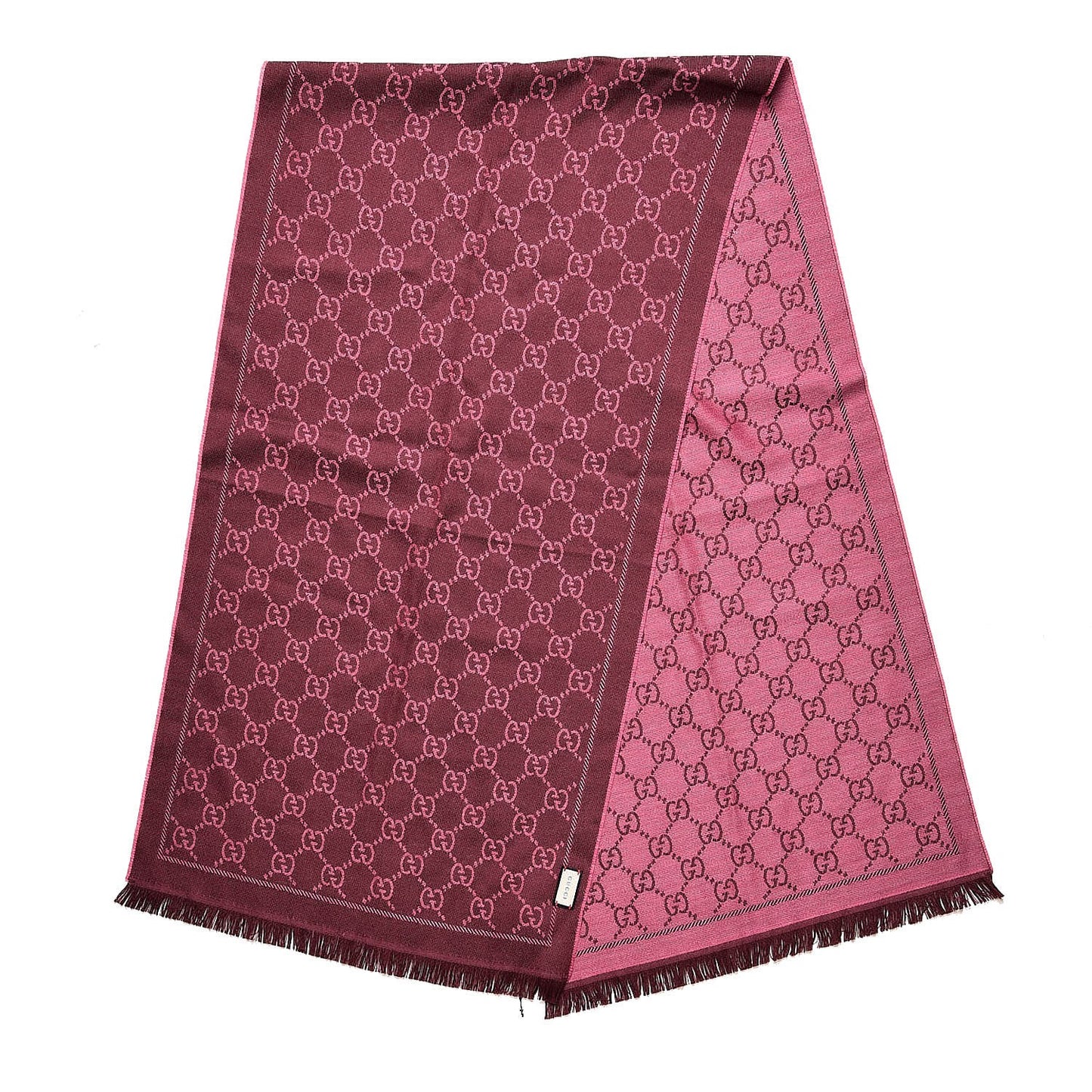 Wool Jacquard GG Monogram Sten Fringe Scarf Magenta Bordeaux