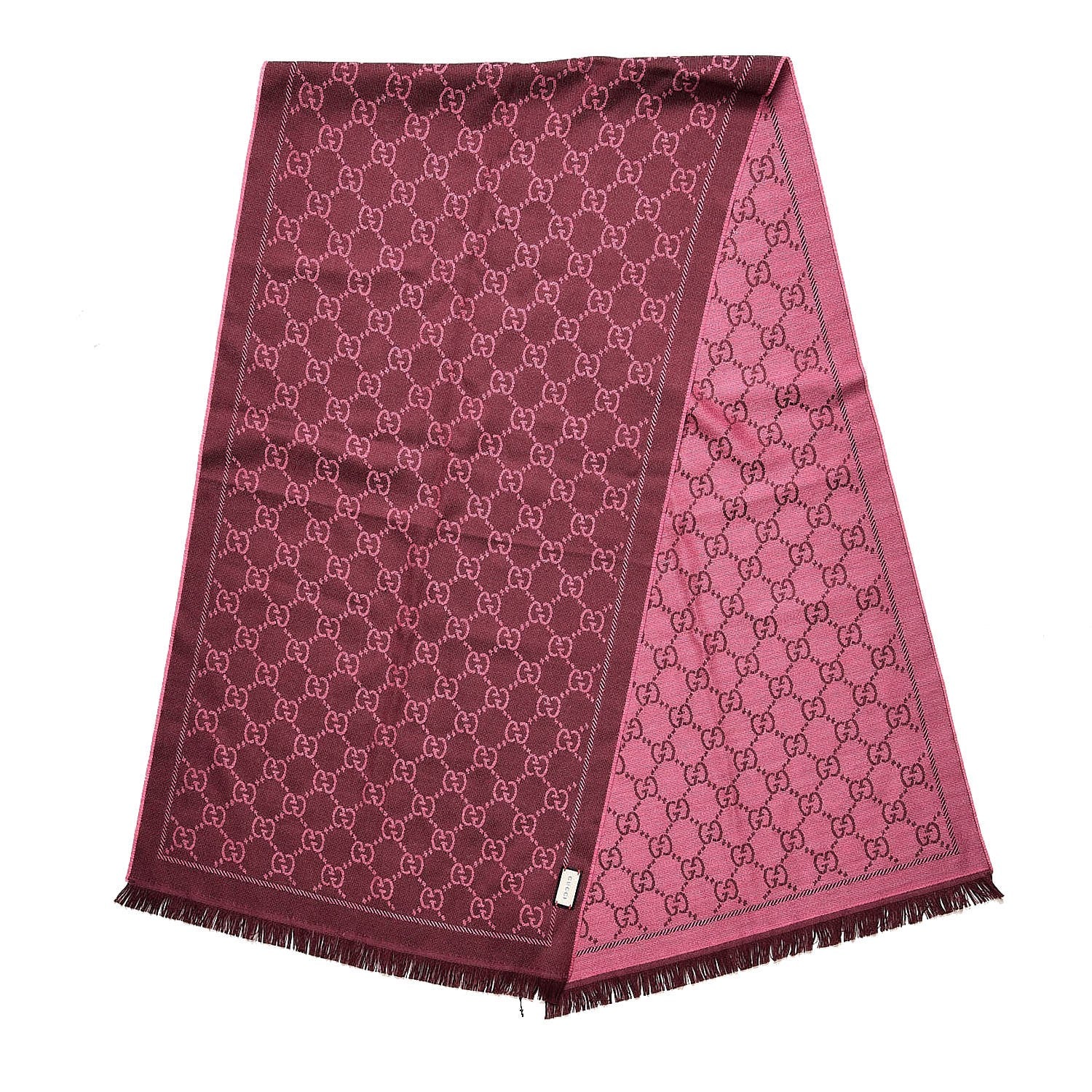 Gucci Wool Jacquard GG Monogram Sten Fringe Scarf Magenta Bordeaux 3 of 5