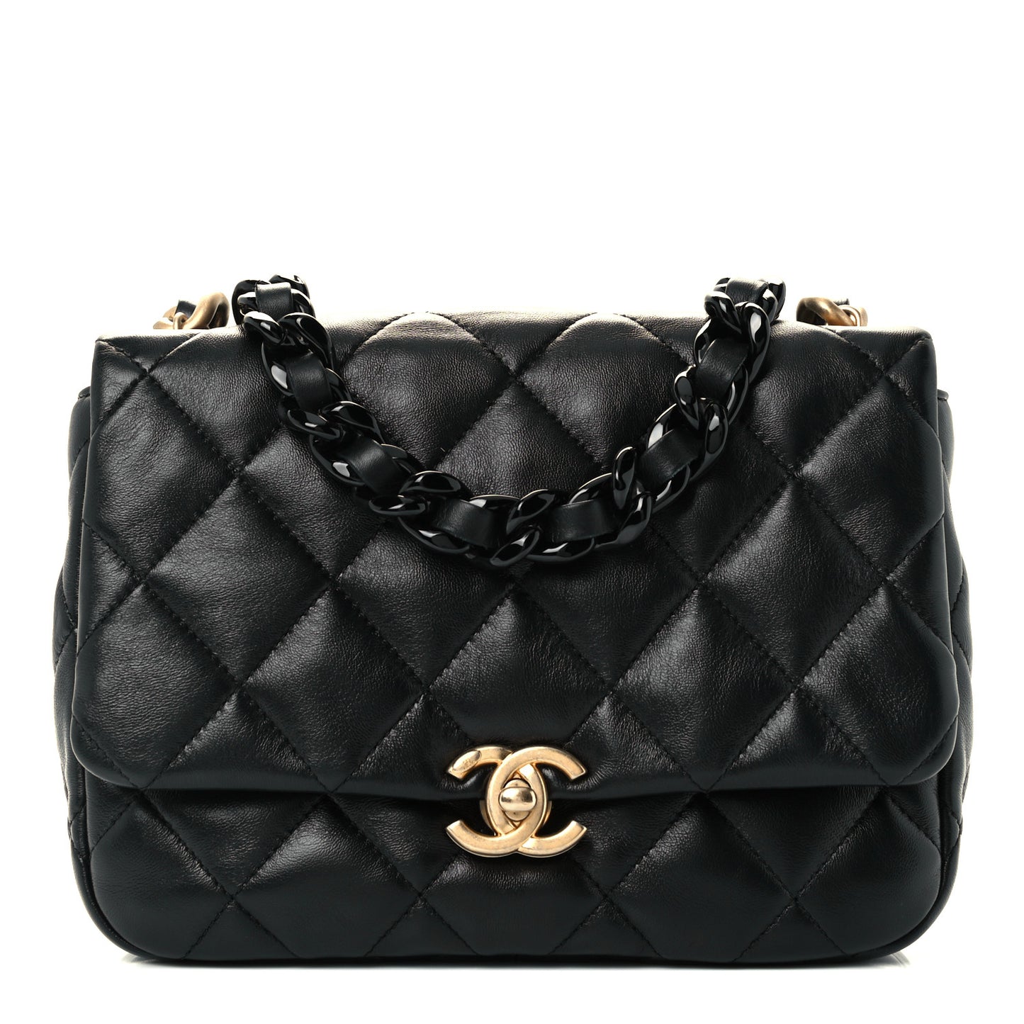 Lambskin Quilted Small Lacquered Chain Flap Black