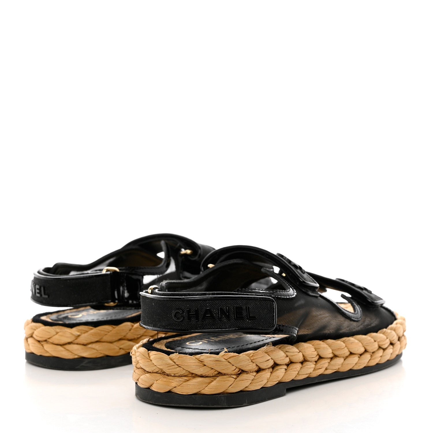 Chanel Mesh Patent Calfskin Velcro Dad Sandals 37 Black 4 of 11