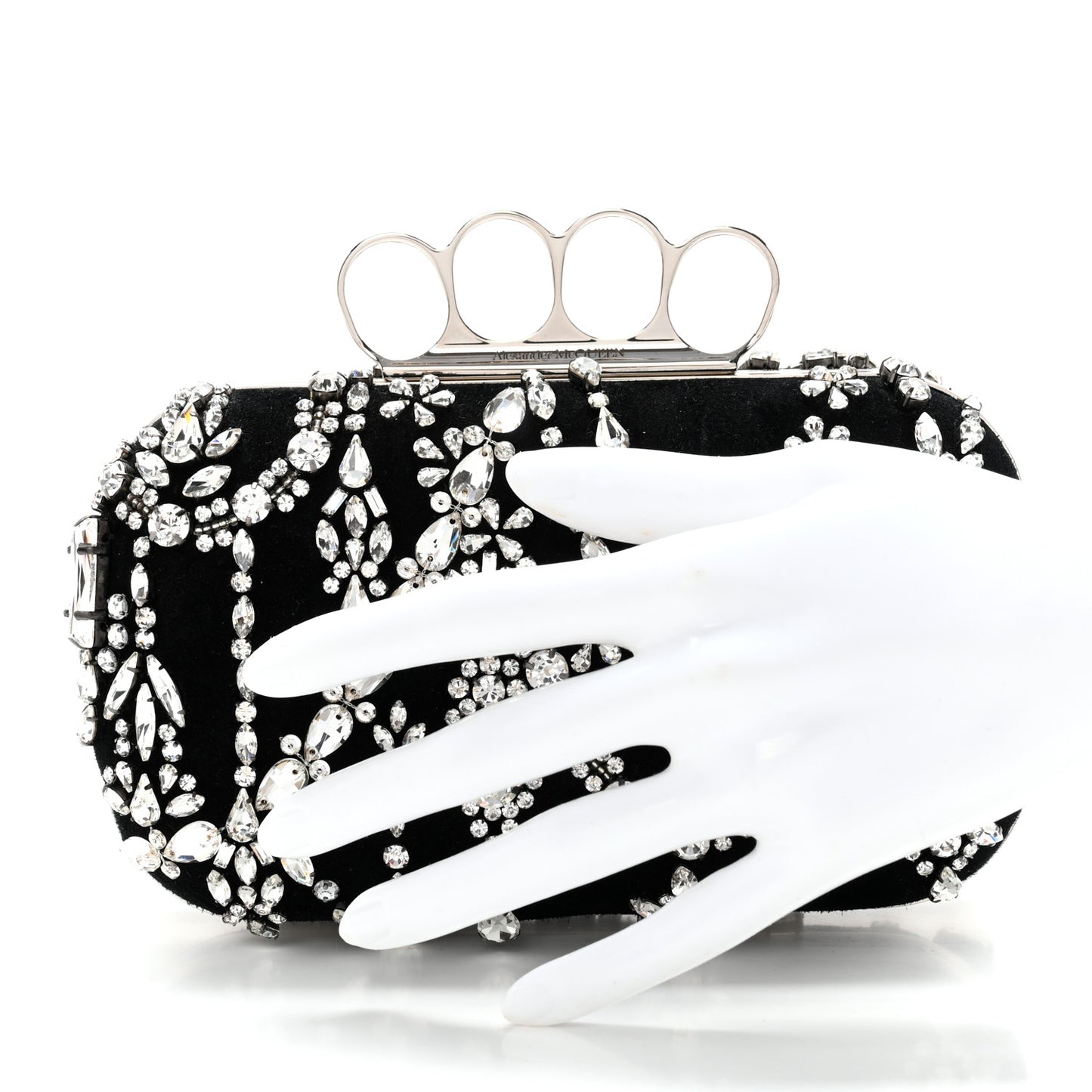 Suede Crystal Knuckle Box Clutch Black