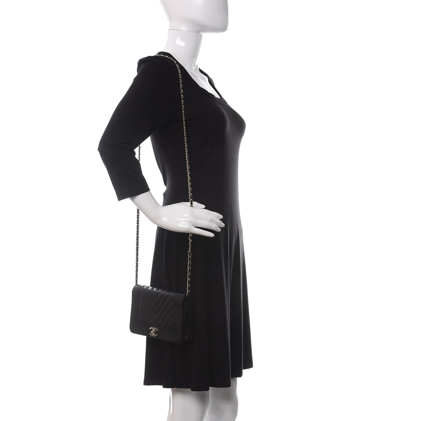 Caviar Sheepskin Chevron Quilted Vintage Mademoiselle Wallet On Chain WOC Black