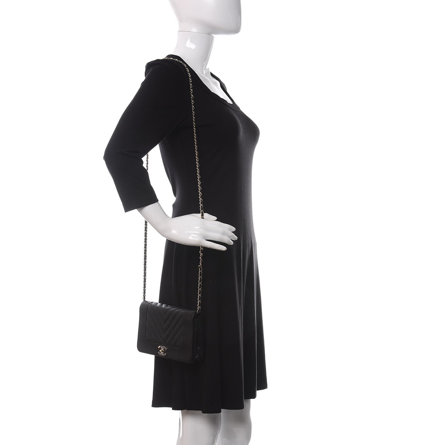 Chanel Caviar Sheepskin Chevron Quilted Vintage Mademoiselle Wallet On Chain WOC Black 2 of 17