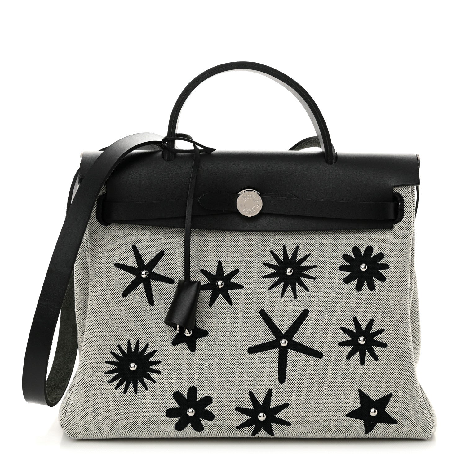 Hermes H Plume Canvas Vache Hunter Circuit Rider Hobnailed Herbag Zip Retourne 31 PM Black Ecru 1 of 12