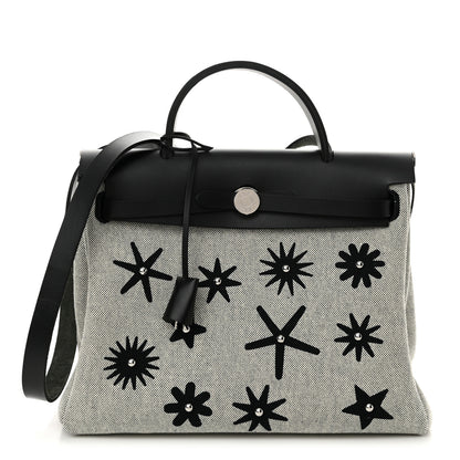 Hermes H Plume Canvas Vache Hunter Circuit Rider Hobnailed Herbag Zip Retourne 31 PM Black Ecru 1 of 12