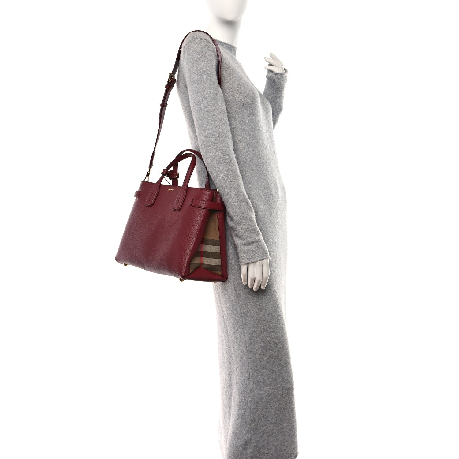 Burberry Grainy Calfskin House Check Medium Banner Tote Mahogany Red 2 of 9
