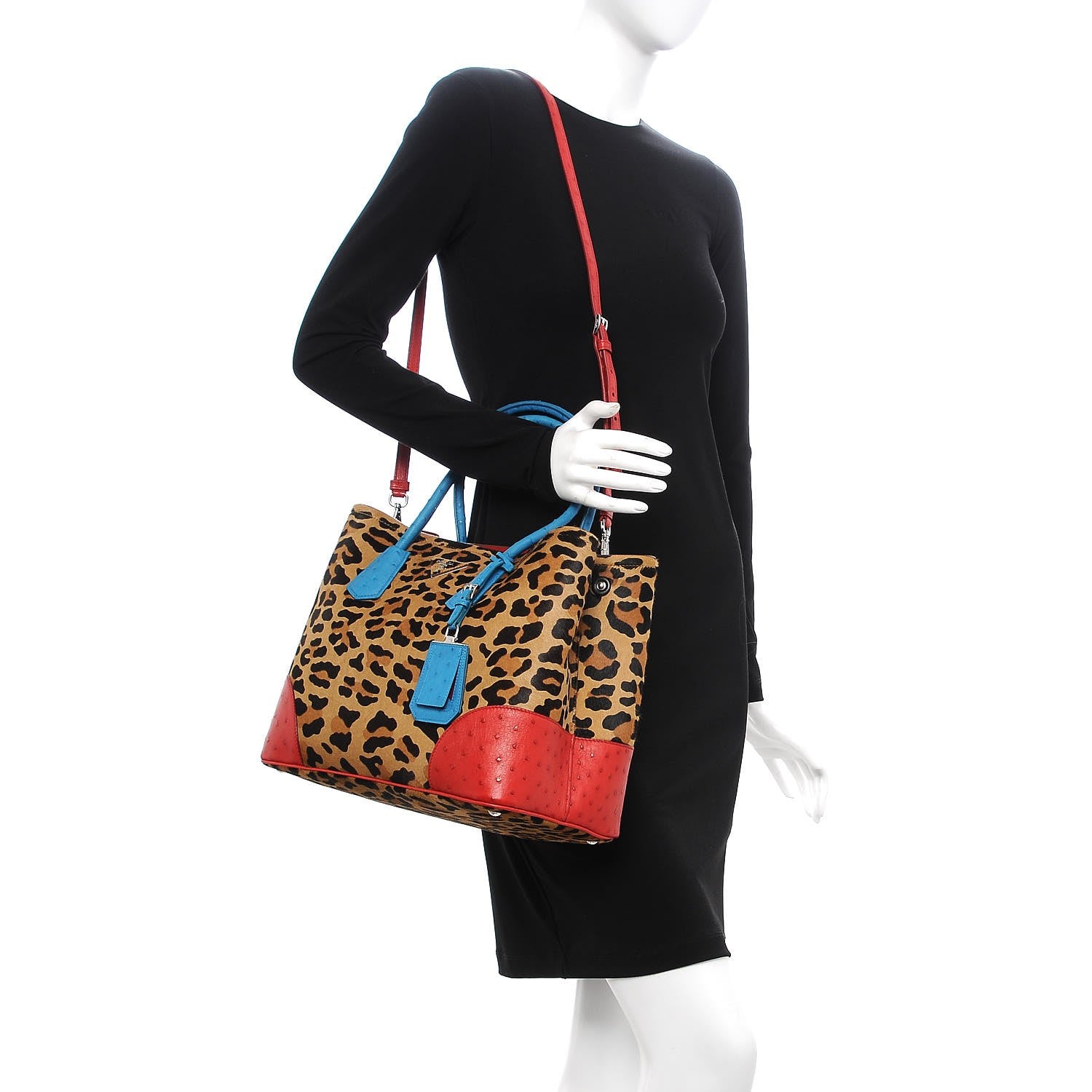 Prada Calf Hair Ostrich Leopard Print Medium Double Bag Miele Voyage 2 of 9
