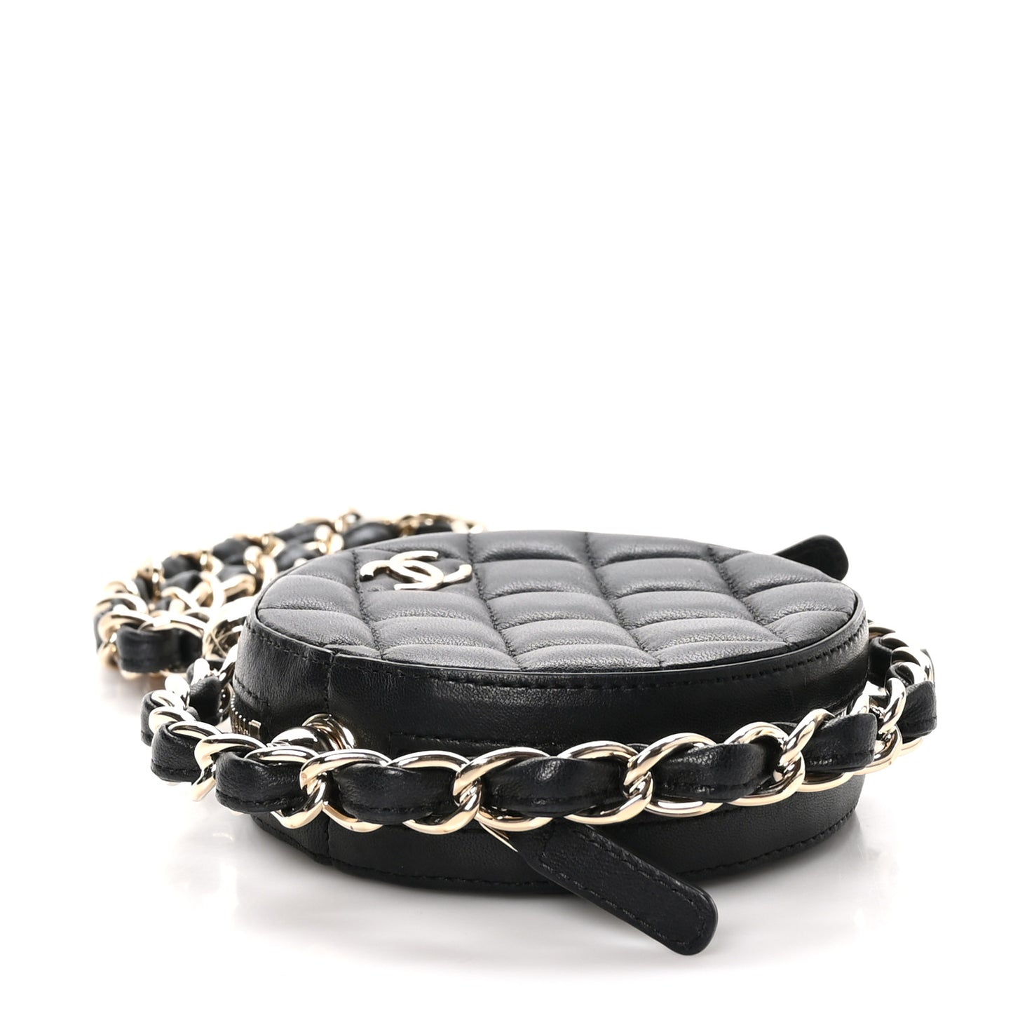 Lambskin Quilted Chain Round Mini Clutch Black