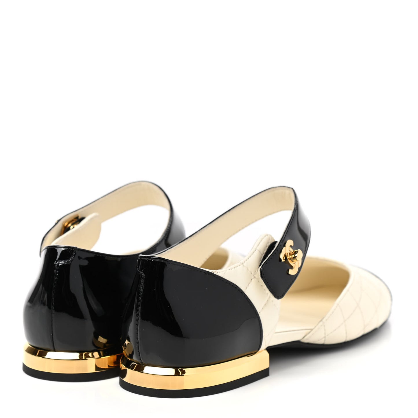 Patent Lambskin Quilted Cap Toe Ballerina Flats 35 Ivory Black