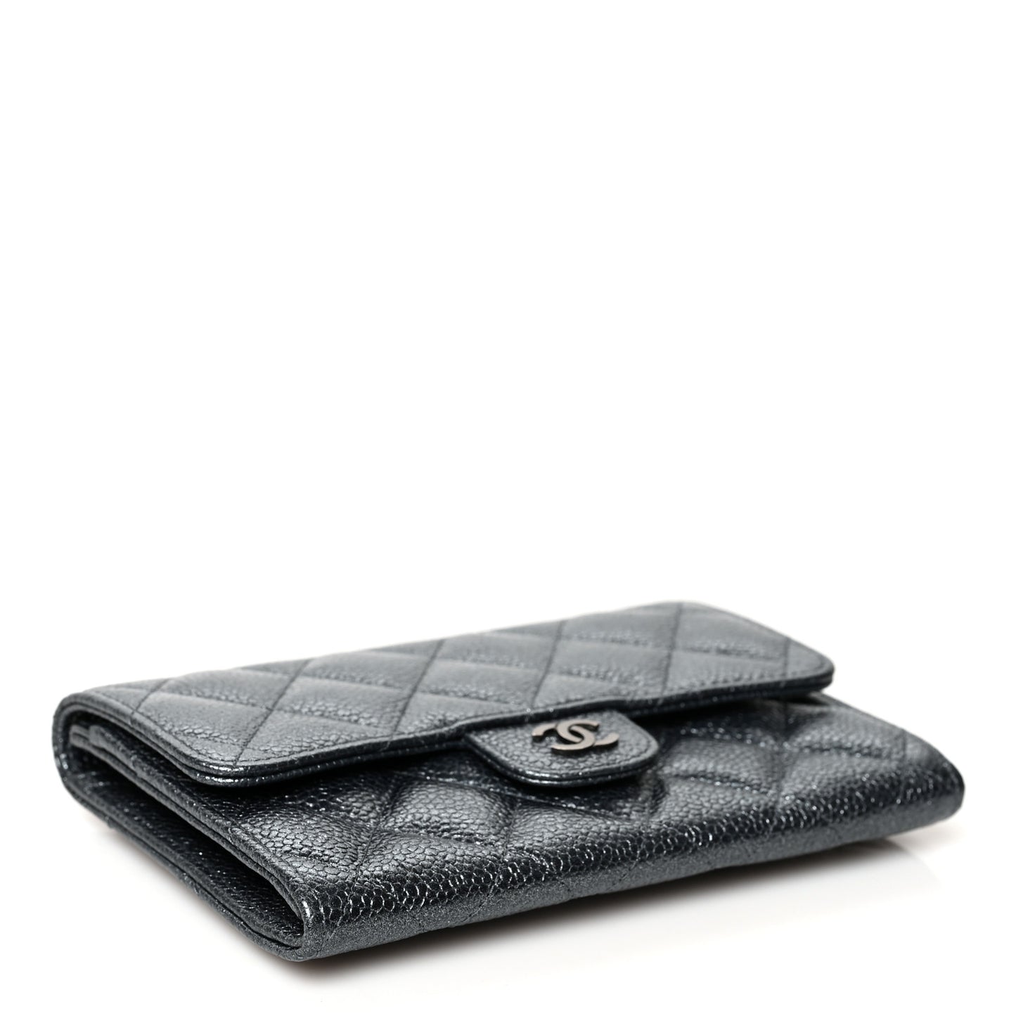 Metallic Caviar Quilted Small Flap Wallet Charcoal