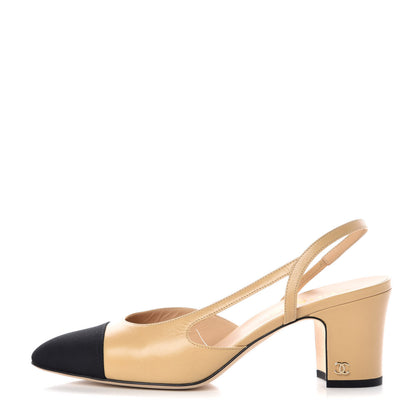 Chanel Goatskin Grosgrain Cap Toe CC Slingback Pumps 39 Beige Black 1 of 10
