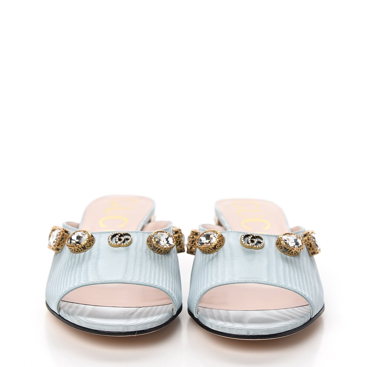 Moire Fabric Crystal Embellished Lyric Slide Sandals 37 Light Blue
