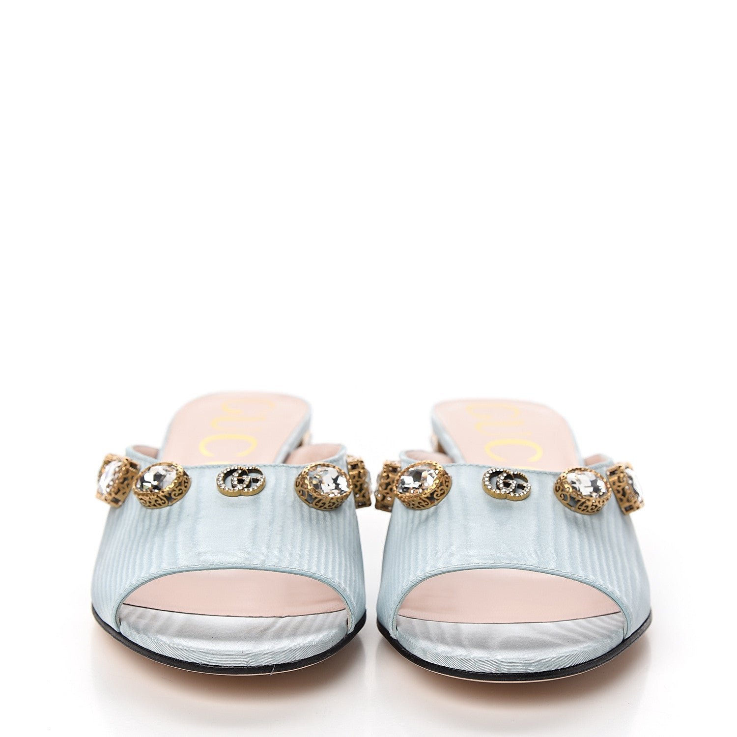 Gucci Moire Fabric Crystal Embellished Lyric Slide Sandals 37 Light Blue 2 of 10